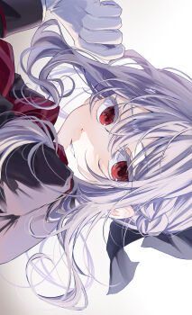 1girl absurdres black_bow bow commentary_request double-parted_bangs gloves hair_bow highres hiiragi_shinoa looking_at_viewer mahiru_yura owari_no_seraph purple_hair red_bow red_eyes sidelocks smile solo teeth upper_body white_background white_gloves