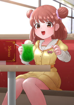1girl belt booth_seating brown_eyes brown_hair cherry commentary_request commission cup double_bun dress drinking_straw food fruit hair_bun hair_ornament highres holding holding_spoon ice_cream ice_cream_float idolmaster idolmaster_cinderella_girls idolmaster_cinderella_girls_starlight_stage indoors long_sleeves medium_hair melon_soda menu munakata_atsumi open_mouth sitting skeb_commission smile solo spoon two_side_up window zakki_anzu