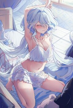 Rule 34 | 1girl, absurdres, armpits, blver, closed eyes, furina (genshin impact), genshin impact, grey hair, highres, midriff, morning, navel, nightgown, on bed, pillow, small bed, solo, stretching, thighs, waking up