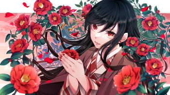 Rule 34 | 1girl, black hair, border, commentary request, earrings, fingernails, flower, flower earrings, hair between eyes, highres, japanese clothes, jewelry, kimono, lips, long hair, nail polish, original, petals, pillarboxed, red eyes, red flower, red kimono, red nails, solo, striped clothes, striped kimono, teemi, white border