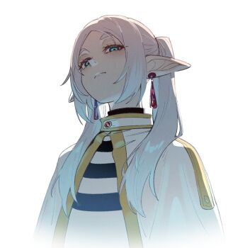 1girl backlighting blue_eyes closed_mouth disgust elf empty_eyes frieren glaring hair_over_shoulder half-closed_eyes in_(ain) looking_at_viewer medium_hair meme pointy_ears scowl simple_background solo sousou_no_frieren thick_eyebrows twintails upper_body upward_angle_frieren_drawing_(meme) white_background white_hair