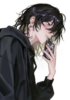 1boy black_hair black_hoodie blonde_hair blush cellphone colored_inner_hair cross cross_earrings daenarys drawstring earrings eyelashes fang fingernails from_side hair_between_eyes hand_up highres holding holding_phone hood hood_down hoodie jewelry long_sleeves looking_to_the_side male_focus medium_hair messy_hair multicolored_hair original parted_lips phone profile purple_eyes simple_background smartphone solo teeth two-tone_hair upper_body white_background