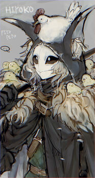 ... 1boy animal animal_ear_hood animal_on_head baby_animal bird black_cloak black_gloves black_sclera blonde_hair blue_pupils chick chicken cloak colored_sclera fake_animal_ears fur-trimmed_cloak fur_trim gloves highres hood identity_v ithaqua_(identity_v) looking_up male_focus mask on_head yominaito