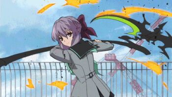10s 1boy 1girl animated animated_gif brown_eyes hair_ribbon lowres owari_no_seraph purple_hair ribbon school_uniform sword weapon