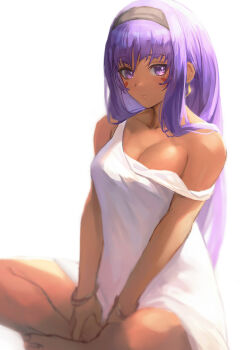 Rule 34 | 1girl, alternate costume, barefoot, dark-skinned female, dark skin, fate/grand order, fate (series), feet out of frame, highres, long hair, looking at viewer, miyamoto satoru, nitocris (fate), purple eyes, purple hair, shirt, simple background, sitting, solo, white background, white shirt