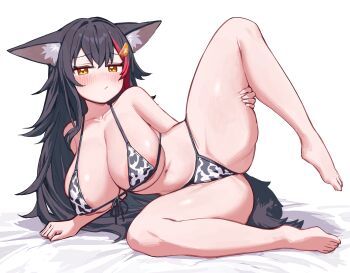 1girl animal_ears animal_print areola_slip barefoot bikini breasts collarbone commentary_request cow_print cow_print_bikini deaver highres hololive large_areolae large_breasts looking_at_viewer ookami_mio paid_reward_available print_bikini red_hair revision simple_background solo swimsuit tail toes virtual_youtuber white_background white_bikini wolf_ears wolf_tail