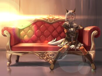 Rule 34 | 1girl, animal ears, bare shoulders, black boots, boots, bow, breasts, closed mouth, coat, commentary request, couch, curren chan (fille eclair) (umamusume), curren chan (umamusume), dress, ear bow, ear covers, gloves, grey hair, horse ears, horse girl, horse tail, long sleeves, looking at viewer, medium breasts, off-shoulder coat, off-shoulder dress, off-shoulder jacket, off shoulder, on couch, peeta, purple eyes, red bow, red thighhighs, short hair, sitting, smile, solo, striped clothes, striped dress, tail, textless version, thighhighs, umamusume, vertical-striped clothes, vertical-striped dress, white gloves