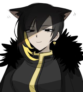 1girl animal_ears binah_(project_moon) black_coat black_dress black_eyes black_hair cat_ears closed_mouth coat coat_on_shoulders colored_inner_hair dress earrings extra_ears fur-trimmed_coat fur_trim highres jewelry kemonomimi_mode lobotomy_corporation looking_at_viewer multicolored_hair project_moon simple_background smile solo un_113 upper_body white_background