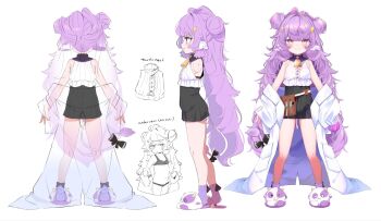 1girl animal_ears arms_at_sides bare_shoulders bell black_skirt blunt_bangs blush center_frills reference_sheet closed_mouth clothes_down coat commentary_request cow_ears cow_girl cow_horns cowbell double_bun flask flat_chest flipped_hair frills full_body hair_bun high-waist_skirt highres horns jitome lab_coat legs_apart long_hair looking_at_viewer messy_hair mini_moo mole mole_on_thigh mole_under_mouth muu_muyu neck_bell official_art open_clothes open_coat phase_connect pink_eyes purple_hair purple_socks round-bottom_flask shirt simple_background skirt sleeveless sleeveless_shirt socks solo standing straight-on tachi-e test_tube thick_eyebrows utsusumi_kio very_long_hair virtual_youtuber wavy_mouth white_background white_coat