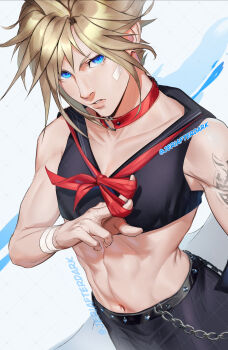 Rule 34 | 1boy, abs, arm tattoo, bandaged wrist, bandages, bandaid, bandaid on cheek, bandaid on face, bare shoulders, belly chain, belt, black belt, black shirt, black skirt, blonde hair, blue eyes, choker, cloud strife, collarbone, commentary, crop top, crossdressing, crossdressing (mtf), delinquent, earrings, english commentary, fenrir (final fantasy), final fantasy, final fantasy vii, final fantasy vii: ever crisis, heart, heart choker, highres, jeriafterdark, jewelry, male focus, midriff, neckerchief, red neckerchief, school uniform, shirt, short hair, single earring, skirt, sleeveless, sleeveless shirt, solo, spiked hair, studded belt, sukeban, tattoo, twitter username, upper body