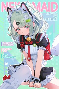 Rule 34 | 1girl, animal ear hairband, animal ears, backpack, bag, bell, black dress, blush, bow, cat ear hairband, cat ears, commentary, cover, dress, english text, fake animal ears, fake magazine cover, ghost hair ornament, green eyes, green hair, hair ornament, hairband, highres, leg warmers, looking at viewer, magazine cover, maid, maid headdress, multicolored eyes, neck bell, official alternate costume, oichida, red bow, short sleeves, sitting, smile, solo, sunna (afternoon tea break) (zenless zone zero), sunna (zenless zone zero), thighhighs, two-tone eyes, white leg warmers, white thighhighs, zenless zone zero