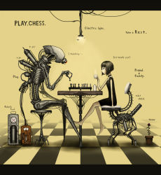 1girl barefoot black_hair board_game bug chair chess choker cup dress english_text engrish_text flower flower_pot gia highres insect light moth plant potted_plant ranguage robot rose short_hair sitting smile table tea teapot
