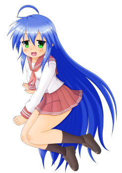 1girl absurdres black_socks blue_hair collarbone female_focus full_body fuurai_hiryu green_eyes hair_between_eyes highres izumi_konata legs long_hair long_sleeves looking_at_viewer lucky_star mole mole_under_eye open_mouth red_sailor_collar red_skirt ribbon sailor_collar school_uniform serafuku shirt shoes simple_background skirt socks solo thighs very_long_hair white_background white_shirt