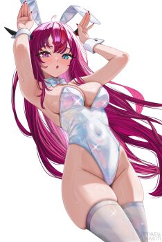 1girl animal_ear_hairband animal_ears armpits arms_up bare_shoulders blue_eyes bow bowtie breasts center-flap_bangs cleavage commentary covered_navel detached_collar double-parted_bangs fake_animal_ears hairband heterochromia highleg highleg_leotard highres hololive hololive_english horns irys_(hololive) large_breasts legs_together leotard long_hair looking_at_viewer mafukkoin nail_polish open_mouth playboy_bunny purple_eyes purple_hair purple_nails rabbit_ear_hairband rabbit_ears rabbit_pose red_streaks sidelocks simple_background skindentation solo strapless strapless_leotard thighhighs traditional_bowtie very_long_hair virtual_youtuber white_background white_bow white_bowtie white_leotard white_thighhighs white_wrist_cuffs wrist_cuffs