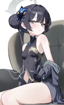 1girl absurdres bare_shoulders black_dress black_gloves black_hair black_jacket blue_archive blush breasts butterfly_hair_ornament china_dress chinese_clothes couch double_bun dragon_print dress gloves grey_eyes hair_bun hair_ornament halo highres jacket kisaki_(blue_archive) long_hair looking_at_viewer sitting sleeveless sleeveless_dress small_breasts solo twintails urashima_jiro