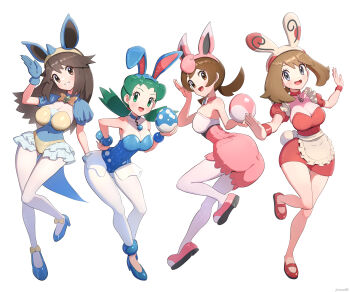 4girls absurdres alternate_costume animal_ear_headwear animal_ears apron ass azumarill azumarill_(cosplay) bare_shoulders blue_gloves blue_leotard breasts brown_eyes brown_hair choker cleavage collarbone commentary_request contrapposto cosplay covered_collarbone covered_navel cowboy_shot cropped_legs egg fake_animal_ears fake_tail frills full_body gen_1_pokemon gen_2_pokemon gen_3_pokemon gloves gonzarez green_eyes green_hair grey_eyes hairband highres holding holding_egg horns kris_(pokemon) large_breasts leaf_(pokemon) leotard long_hair long_sleeves looking_at_viewer low_neckline lyra_(pokemon) maid may_(pokemon) medium_breasts multiple_girls nidoqueen nidoqueen_(cosplay) nintendo open_mouth outstretched_arms pantyhose playboy_bunny pokemon pokemon_egg pokemon_frlg pokemon_gsc pokemon_hgss pokemon_rse puffy_short_sleeves puffy_sleeves short_sleeves simple_background single_horn spiked_hairband spikes spinda spinda_(cosplay) strapless strapless_leotard tail thigh_gap waist_apron white_background white_leotard white_pantyhose wide_hips wigglytuff wigglytuff_(cosplay) wristband