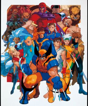 4girls 6+boys ahoge akuma_(street_fighter) beard bengus blonde_hair blue_bodysuit blue_dress blue_hair bodysuit border braid brown_hair cammy_white capcom cape charlie_nash china_dress chinese_clothes chun-li claw_(weapon) claws clenched_teeth cyclops_(x-men) dark-skinned_male dark_skin dhalsim dougi dress facial_hair gambit game_cg green_bodysuit grin highres juggernaut_(x-men) ken_masters killer_bee_cammy long_hair m._bison magneto marvel marvel_vs._capcom medium_hair multicolored_bodysuit multicolored_hair multiple_boys multiple_girls non-web_source official_art one-eyed open_mouth pants red_bodysuit red_hair red_pants red_tunic rogue_(x-men) ryu_(street_fighter) sabertooth_(x-men) short_hair smile storm_(x-men) street_fighter superhero_costume teeth tunic two-tone_bodysuit two-tone_hair weapon white_border white_cape white_hair white_pants white_tunic wolverine_(x-men) x-men x-men_vs._street_fighter yellow_bodysuit zangief