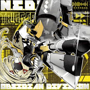 1girl aiming black_gloves black_pants black_shrug blindfold_mask blonde_hair camouflage camouflage_jacket camouflage_pants character_name commentary_request covered_eyes english_text fingerless_gloves gloves glowing_mask gun gunblade hair_ornament highres holding holding_weapon jacket kiguchi_hikaru latex_pants long_hair mask midair midriff pants parted_lips rifle shrug_(clothing) sniper_rifle solo sparkle tight_clothes tight_pants triangle_hair_ornament trigger_(zenless_zone_zero) upside-down weapon yellow_background zenless_zone_zero