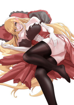 1girl absurdres blonde_hair breasts cleavage dress eyeshadow fang highres huge_breasts kiss-shot_acerola-orion_heart-under-blade kizumonogatari leg_raise lipstick long_hair lying makeup monogatari_(series) oshino_shinobu pillow pointy_ears red_dress sanpaku elbow_gloves sison slit_pupils smile thick_thighs thighhighs thighs vampire very_long_hair yellow_eyes
