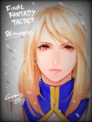 Rule 34 | 1girl, agrias oaks, anniversary, armor, blonde hair, brown eyes, character name, copyright name, crazy02oekaki, earrings, final fantasy, final fantasy tactics, highres, jewelry, looking at viewer, nose, shoulder armor, signature, simple background, solo