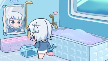 1girl :3 barefoot bath bath_stool bathroom bathtub blue_eyes blue_hair blue_hoodie chibi closed_mouth drawstring fins fish_tail gawr_gura gawr_gura_(1st_costume) grey_hair highres hololive hololive_english hood hood_down hoodie indoors long_sleeves mirror mochimiko multicolored_hair reflection running shark_tail solo stool streaked_hair tail tile_floor tiles transparent two_side_up virtual_youtuber water window