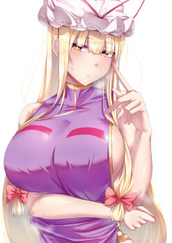 Rule 34 | 1girl, absurdres, blonde hair, breasts, commentary request, hat, highres, index finger raised, large breasts, looking at viewer, mirufi (milfiiiiyu), mob cap, naked tabard, orange eyes, purple tabard, solo, tabard, touhou, yakumo yukari