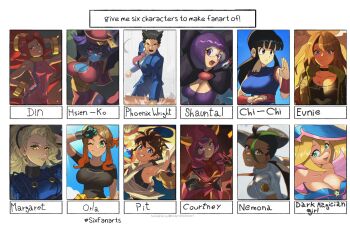 2boys 6+girls ace_attorney black_hair blonde_hair blue_eyes blue_jacket breasts capcom character_name chi-chi_(dragon_ball) cleavage closed_mouth collarbone commentary courtney_(pokemon) crossover dark_magician_girl darkstalkers din dragon_ball eunie_(xenoblade) eyelashes fake_horns glasses gloves green_eyes hair_between_eyes highres hood hood_up horns hsien-ko jacket jiangshi kid_icarus long_hair looking_at_viewer margaret_(persona) multicolored_hair multiple_boys multiple_crossover multiple_drawing_challenge multiple_girls necktie nemona_(pokemon) nintendo open_mouth orla_(pokemon) orlek parted_bangs persona phoenix_wright pit_(kid_icarus) pokemon pokemon_(anime) pokemon_bw pokemon_horizons pokemon_oras pokemon_sv purple_hair shauntal_(pokemon) shirt short_sleeves sidelocks six_fanarts_challenge smile the_legend_of_zelda the_legend_of_zelda:_oracle_of_seasons two-tone_hair upperdash_arm_(kid_icarus) xenoblade_chronicles_(series) yellow_eyes yu-gi-oh!