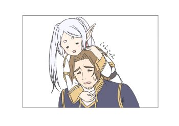 1boy 1girl :3 =_= absurdres beard_stubble brown_hair closed_eyes commentary elf facial_hair frieren headpat highres kaai_yuu long_hair pointy_ears sein_(sousou_no_frieren) sousou_no_frieren stubble twintails white_background white_hair