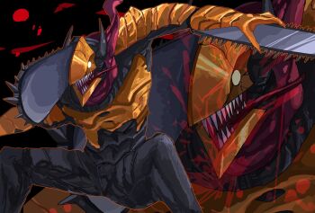 armor chainsaw chainsaw_devil chainsaw_man claws denji_(chainsaw_man) fangs full_body gigan_(gigan1024896) highres horns intestine_clothing intestines jaw male_focus no_humans open_mouth organs scarf sharp_teeth teeth yellow_eyes