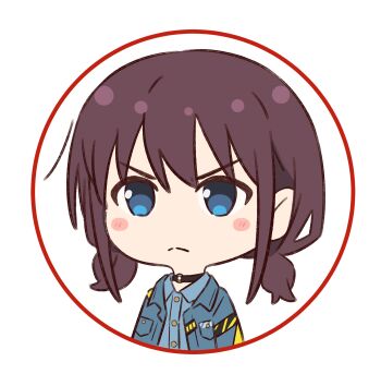Rule 34 | 1girl, black choker, blue eyes, blue jacket, blue shirt, blush, blush stickers, chibi, chibi only, choker, collared shirt, commentary request, dress shirt, frown, girls band cry, hair between eyes, highres, iseri nina, jacket, long sleeves, looking at viewer, low twintails, medium hair, mimori (mimori 05), open clothes, open jacket, red eyes, shirt, short twintails, sidelocks, simple background, solo, twintails, upper body, white background