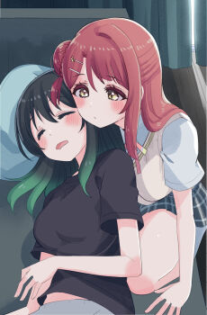 2girls black_hair black_shirt blue_shirt blue_skirt blush breasts brown_eyes brown_hair brown_vest closed_eyes commentary_request cream_(nipakupa) curtains gradient_hair green_hair grey_pants hair_bun hair_down hair_ornament hairclip head_on_pillow long_hair looking_at_another love_live! love_live!_nijigasaki_high_school_idol_club lying multicolored_hair multiple_girls neck_ribbon on_side open_mouth pants pillow plaid_clothes plaid_skirt red_ribbon ribbon shirt single_hair_bun skirt sleeping sunlight takasaki_yu uehara_ayumu vest window
