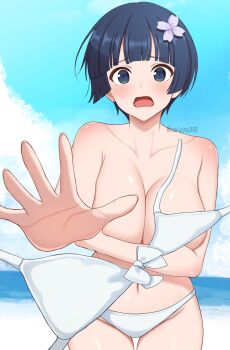 1girl beach bikini blue_eyes blue_hair blue_sky blunt_bangs blush body_blush bowl_cut breasts cleavage cloud cloudy_sky collarbone commentary_request covering_breasts covering_privates cowboy_shot day embarrassed flower front-tie_bikini_top front-tie_top groin hair_flower hair_ornament highres horizon large_breasts looking_at_viewer navel ocean open_clothes open_mouth outdoors reaching sand senran_kagura senran_kagura_shinovi_versus shiny_skin short_hair sky solo standing surippa1010 swimsuit untied_bikini unworn_bikini_top wardrobe_malfunction water yozakura_(senran_kagura)