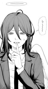 Rule 34 | 1boy, angel devil (chainsaw man), chainsaw man, closed mouth, collared shirt, commentary, finger to mouth, greyscale, hair between eyes, halo, highres, index finger raised, jacket, long hair, looking at viewer, male focus, monochrome, necktie, open clothes, open jacket, rigeshita, shirt, shushing, solo, speech bubble, suit jacket, untranslatable commentary, upper body, white background