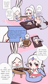 Rule 34 | 3girls, :3, animal ears, araiyme, black dress, blunt bangs, chessboard, chibi, chibi only, closed eyes, commentary, dress, english commentary, english text, forehead jewel, full body, grey hair, handheld game console, high ponytail, highres, long hair, looking at another, merran the steeltooth wolf, multiple girls, open mouth, playstation portable, pointy ears, ponytail, rabbit and steel, rabbit ears, rabbit of the moon shira, ranalie the mythril dragon, red eyes, sitting, tail, white dress, white hair, wolf ears, wolf girl, wolf tail