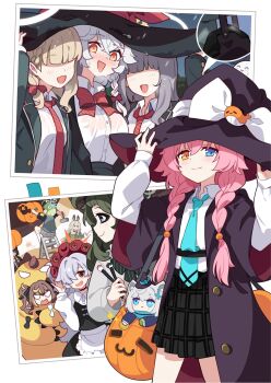 1boy 6+girls :d ahoge animal_ear_fluff animal_ears apron black_skirt blonde_hair blue_archive blue_eyes blue_necktie blue_scarf blush bow braid breasts brown_hair coat commentary doodle_sensei_(blue_archive) eri_(blue_archive) faceless faceless_female fake_animal_ears fang fuyu_(blue_archive) green_hair grey_hair hair_between_eyes hair_over_one_eye halloween_costume halo hammer heterochromia highres holding holding_hammer holding_paintbrush hoshino_(blue_archive) ideolo kanoe_(blue_archive) large_breasts long_hair long_sleeves maid_apron miyo_(blue_archive) multicolored_hair multiple_girls necktie open_mouth orange_eyes paintbrush pink_hair pink_halo plaid_clothes plaid_skirt playboy_bunny pumpkin rabbit_ears rain rena_(blue_archive) ritsu_(blue_archive) scarf school_uniform sensei_(blue_archive) shiroko_(blue_archive) shirt short_hair skirt smile solo symbol-only_commentary tsumugi_(blue_archive) twin_braids twintails very_long_hair wet wet_clothes wet_shirt white_hair white_shirt wildhunt_art_academy_student_(ar)_(blue_archive) wildhunt_art_academy_student_(smg)_(blue_archive) yellow_eyes