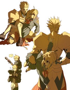 0304rong0304 1boy 1girl absurdres ahoge artoria_pendragon_(fate) black_jacket black_serafuku blonde_hair braid bun_with_braided_base capsule_servant carrying carrying_under_arm commentary_request eighth_note faceless faceless_female fate/stay_night fate_(series) gilgamesh_(fate) gilgamesh_(immoral_biker_jacket)_(fate) green_eyes hair_bun hair_ribbon highres jacket korean_commentary master_artoria medium_skirt musical_note open_mouth pants pleated_skirt princess_carry red_eyes ribbon school_uniform serafuku shoulder_carry single_hair_bun skirt sweatdrop track_jacket track_pants track_suit
