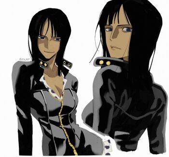 1girl black_hair blue_eyes closed_mouth highres leather_dress light_smile long_sleeves looking_back medium_hair nico_robin one_piece simple_background smile twitter_username white_background zu_okr