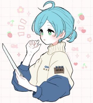 1boy ahoge blue_hair bright_pupils cherry commentary_request ensemble_stars! food fruit green_eyes grid_background hand_up heart long_sleeves male_focus mani_(pukakaka09) notice_lines open_mouth paper ponytail shinkai_kanata solo sparkle strawberry sweater turtleneck turtleneck_sweater upper_body white_pupils