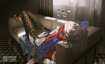 1boy absurdres black_hair black_pants blue_coat checkered_floor coat couch curtains highres indoors looking_at_viewer lying male_focus mandaring0 mashiro_meme nijisanji on_back on_couch pants pantyhose red_scarf safety_pin_hair_ornament scarf shirt short_hair smile solo suspenders trap virtual_youtuber watermark white_shirt window yellow_eyes yellow_pantyhose
