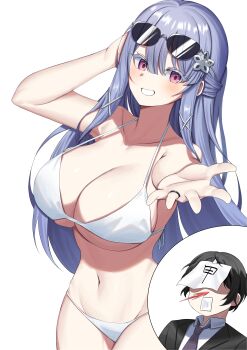 Rule 34 | 1boy, 1girl, absurdres, administrator (counter:side), armpit crease, bikini, black hair, black suit, blood, blush, breasts, cleavage, clenched teeth, collarbone, collared shirt, commentary, commission, counter:side, cowboy shot, cut-in, eyewear on head, faceless, faceless male, flower, formal clothes, grin, groin, hair between eyes, hair flower, hair ornament, half updo, halterneck, hand in own hair, highres, jewelry, jinggun, large breasts, long hair, looking at viewer, navel, necktie, nosebleed, outstretched arm, paper on head, pink eyes, purple hair, reaching, reaching towards viewer, rimless eyewear, ring, shirt, sideboob, sidelocks, simple background, smile, stomach, string bikini, suit, sunglasses, swan claire, swimsuit, teeth, underboob, white background, white bikini