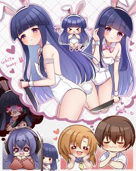 >_< 0_0 1boy 3girls ? animal_ears bare_shoulders blood blood_on_face bloody_knife bloody_weapon blue_hair blunt_bangs blunt_ends blush bow bowtie brown_hair chibi closed_eyes crazy crazy_eyes crazy_smile detached_collar detached_sleeves dot_nose embarrassed english_text fake_animal_ears fake_tail female_pervert fishnet_pantyhose fishnets flat_chest frills furude_rika gluteal_fold hair_over_shoulder hanyuu heart highres higurashi_no_naku_koro_ni hime_cut holding holding_knife holding_weapon horns imagining japanese_clothes kitchen_knife knife leotard long_bangs long_hair long_sleeves looking_at_viewer maebara_keiichi mary_janes miko multiple_girls multiple_views nekko_(nxtuko) official_alternate_costume open_mouth orange_hair oversized_breast_cup pantyhose parted_bangs pervert pink_bow playboy_bunny purple_eyes purple_hair rabbit_ears rabbit_tail raised_eyebrows ryuuguu_rena scared school_uniform serafuku shirt shoes short_hair short_sleeves sidelocks smile socks_over_pantyhose speech_bubble star-shaped_pupils star_(symbol) strapless strapless_leotard summer_uniform sweatdrop symbol-shaped_pupils tail tears thinking thought_bubble traditional_bowtie trembling weapon wrist_cuffs