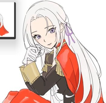 Rule 34 | 1girl, capelet, commentary, commentary request, edelgard von hresvelg, fire emblem, fire emblem: three houses, from side, garreg mach monastery uniform, gloves, hair ribbon, head tilt, ikaikakka, knees up, leaning to the side, long hair, long sleeves, looking at viewer, looking to the side, nintendo, pantyhose, parted bangs, parted lips, purple eyes, purple ribbon, red capelet, red pantyhose, ribbon, sketch, solo, unfinished, upper body, white gloves, white hair