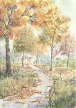 autumn autumn_leaves building commentary_request day highres house landscape leaf no_humans original outdoors painting_(medium) paruperu path road scenery traditional_media tree watercolor_(medium)