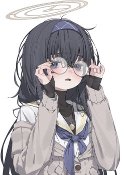 1girl absurdres bags_under_eyes black_hair blue_archive blue_hairband blue_neckerchief blush brown_cardigan cardigan glasses hair_between_eyes hair_ribbon hairband halo hands_on_eyewear highres jewelry long_hair long_sleeves looking_at_viewer neckerchief necklace parted_lips purple_eyes ribbon round_eyewear sailor_collar simple_background sleeves_past_wrists solo ui_(blue_archive) upper_body very_long_hair white_background white_sailor_collar yoru_uyo