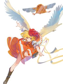 1girl bird blonde_hair boots commentary dress feathered_wings highres kajatony looking_at_viewer multicolored_hair niwatari_kutaka orange_dress puffy_short_sleeves puffy_sleeves red_eyes red_hair short_hair short_sleeves smile solo standing standing_on_one_leg touhou two-tone_hair white_background wings