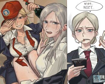 3girls badge baseball_cap bill_clinton blonde_hair blue_eyes blue_suit breasts central_intelligence_agency cigarette donald_trump dress_shirt embarrassed eyelashes formal_clothes genderswap genderswap_(mtf) grey_hair grin hat highres holding holding_cigarette holding_photo implied_cunnilingus jewelry kgb lapels large_breasts light_blush long_hair min_do-sik multiple_girls necktie notched_lapels partially_unbuttoned photo_(object) politician purple_necktie real_life red_hat red_necktie ring shirt short_hair smile smoking suit sweat vladimir_putin