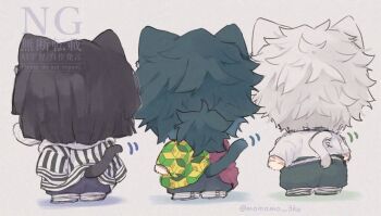 Rule 34 | 3boys, black hair, chibi, chibi only, clothes writing, english text, from behind, full body, grey hair, haori, iguro obanai, japanese clothes, kikkoumon, kimetsu no yaiba, long hair, low ponytail, male focus, momomo 3ku, multiple boys, ponytail, print haori, red haori, shadow, shinazugawa sanemi, short hair, tail raised, tomioka giyuu, twitter username, watermark, white background