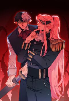 Rule 34 | 2boys, absurdly long hair, androgynous, animification, ascot, bishounen, black hair, black pants, black vest, blood vines (dream smp), blue coat, bright pupils, butler, buttons, chouxixi rhino, coat, commentary, cowboy shot, dream smp, english commentary, epaulettes, green eyes, heterochromia, highres, holding, holding sword, holding weapon, humanization, long hair, long sleeves, looking at viewer, male focus, mask, masquerade mask, minecraft youtube, multicolored hair, multiple boys, pants, pink hair, pointy ears, ranbutler, red ascot, red eyes, shirt, short hair, sir billiam iii, split-color hair, sword, tales from the smp, very long hair, vest, weapon, white ascot, white hair, white pupils, white shirt