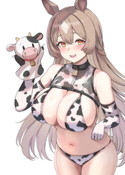 1girl alternate_costume animal_ears animal_print bikini breasts brown_hair cow_print cow_print_bikini elbow_gloves enumiyaa gloves hashtag-only_commentary highres horse_ears horse_tail large_breasts looking_at_viewer navel open_mouth print_bikini satono_diamond_(umamusume) solo swimsuit tail umamusume white_bikini white_gloves