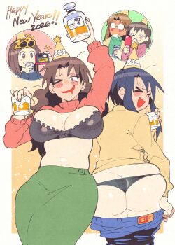 >_< 2026 5girls ass azumanga_daiou beer_can blush breasts brown_eyes brown_hair camera can cellphone cleavage clothes_pull commentary cup drink_can drinking_glass drunk glasses hat highres inkerton-kun kasuga_ayumu kurosawa_minamo long_hair mizuhara_koyomi multiple_girls new_year open_mouth panties pants pants_pull party_hat phone smartphone sweater symbol-only_commentary takino_tomo tanizaki_yukari underwear undressing white_background